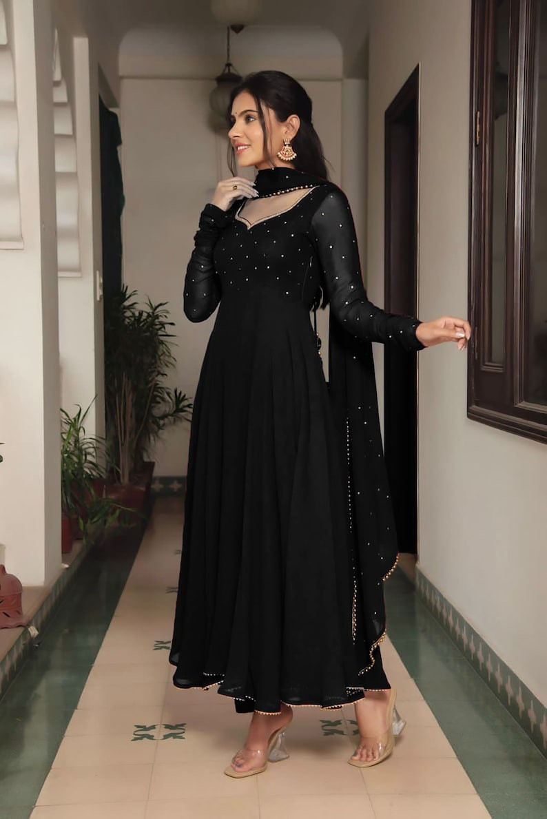 Black georgette plain heavy flair party wear gown